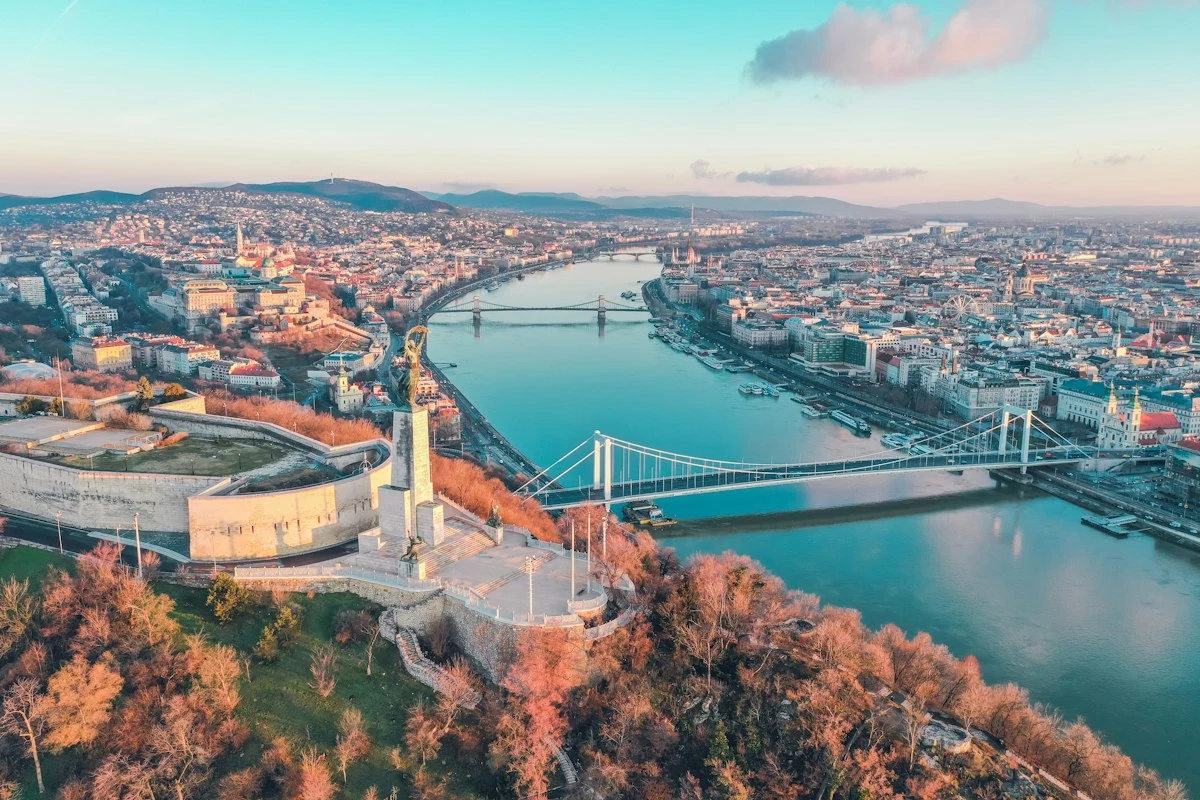 Budapest's bridges crossing the Danube, with Buda on the left and Pest on the right