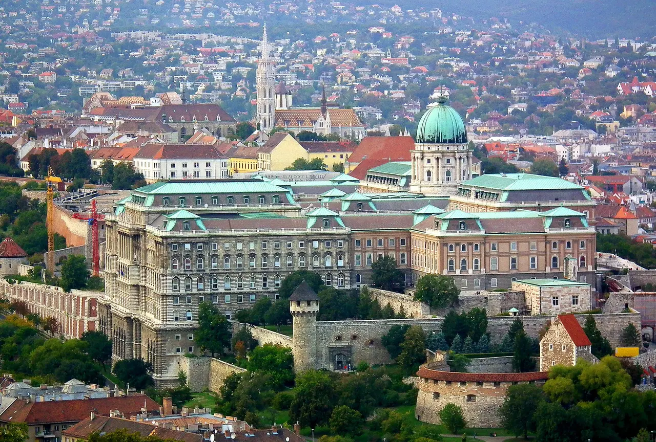 Aerial view of the Buda Castle palace with Matthias Church rising behind it on Castle Hill