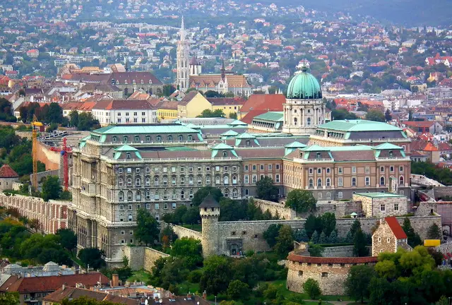 Aerial view of the Buda Castle palace with Matthias Church rising behind it on Castle Hill