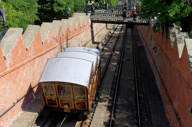 A vintage wooden funicular car on the steep tracks of the Buda Castle Hill Funicular