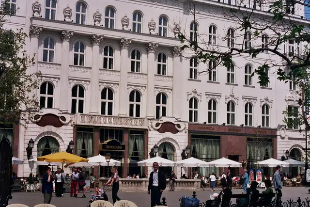 Café Gerbeaud's terrace and historic facade on Vörösmarty Square