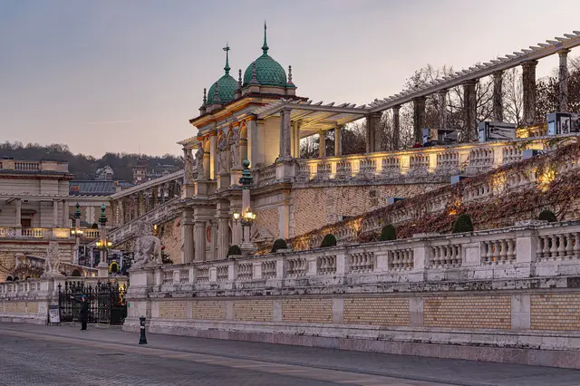 The domed pavilions and terraces of the Castle Garden Bazaar below Buda Castle at dusk