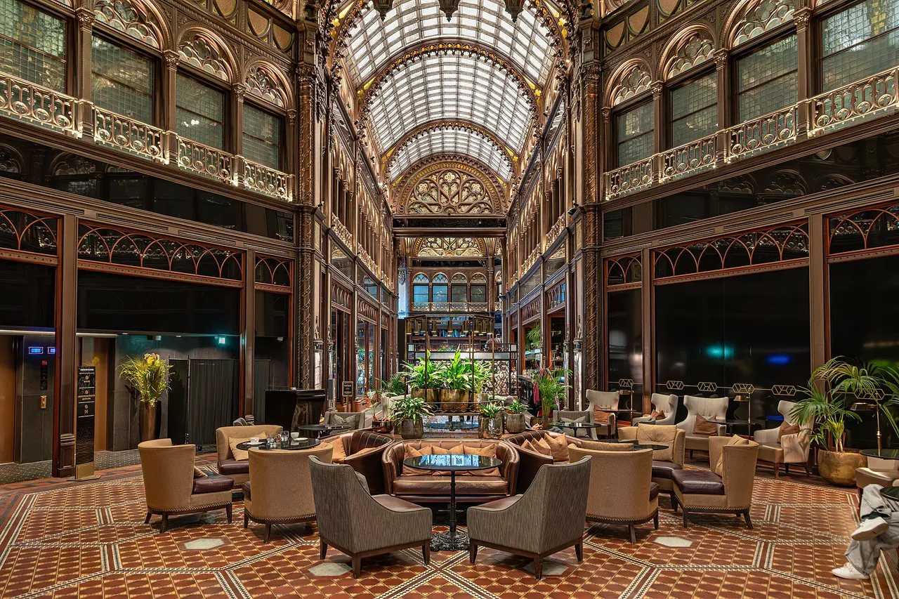 The glass-roofed Art Nouveau arcade of the Párisi Udvar, where Cinema Mystica is located
