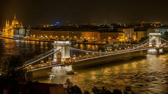 The Chain Bridge lit up at night over the Danube with Buda Castle glowing behind