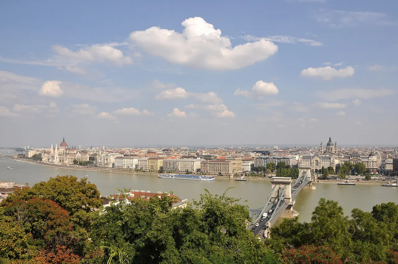 Panorama from the Buda hills across the Danube to the Chain Bridge, Parliament and the Pest skyline