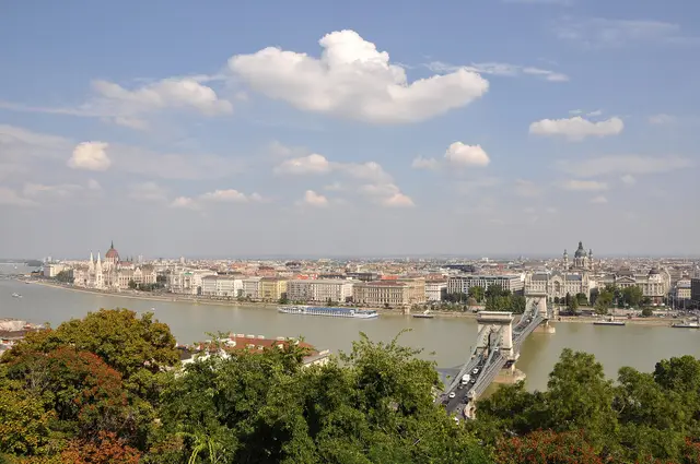 Panorama from the Buda hills across the Danube to the Chain Bridge, Parliament and the Pest skyline