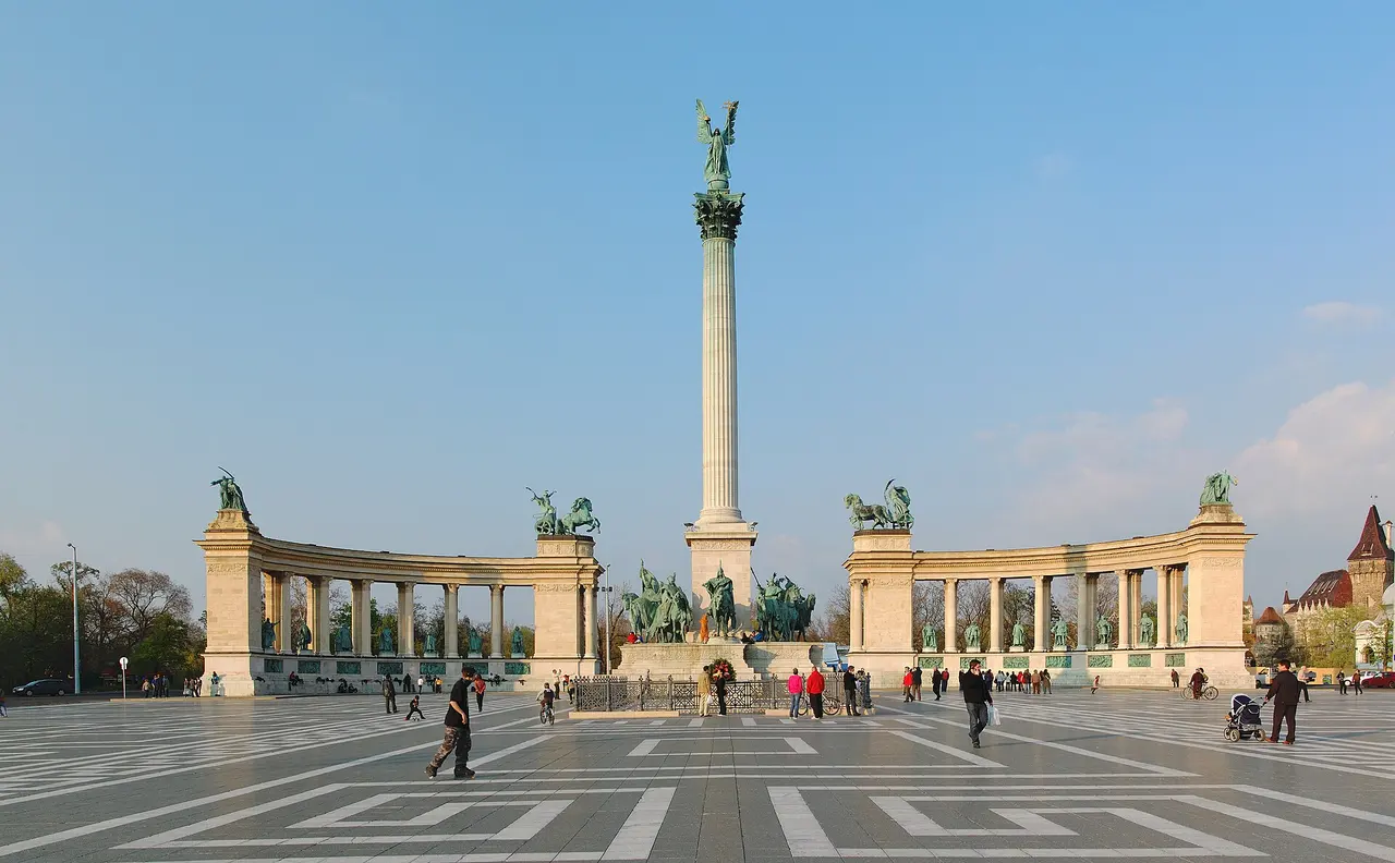 The Millennium Monument column and colonnades of Heroes' Square