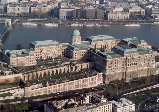Aerial view of the Buda Castle palace, which houses the Hungarian National Gallery, above the Danube