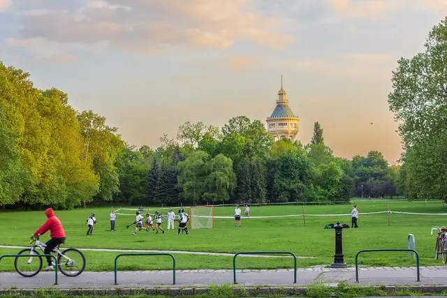 Lawns and trees on Margaret Island with people playing sport and the water tower in the distance