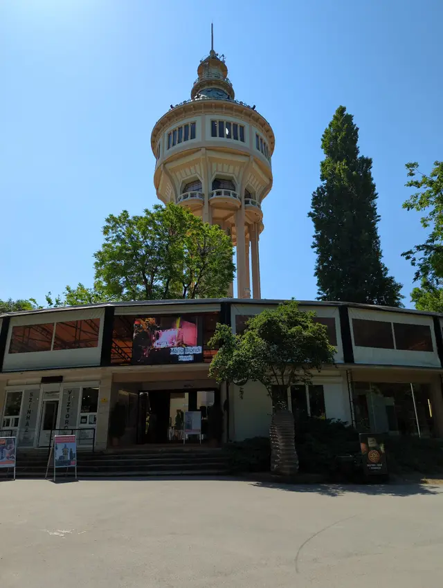 The top of the Margaret Island Water Tower rising above a low building and trees