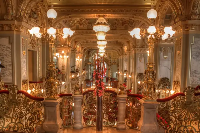 The gilded, chandelier-lit interior of the New York Café