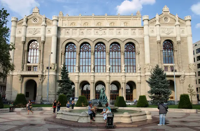 The arched facade of the Pesti Vigadó concert hall overlooking Vigadó Square