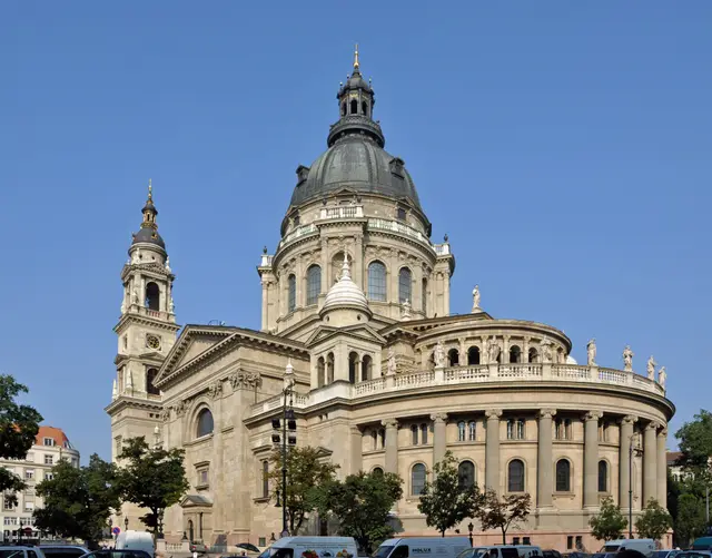 St. Stephen's Basilica in Budapest, its green dome and bell tower against a blue sky