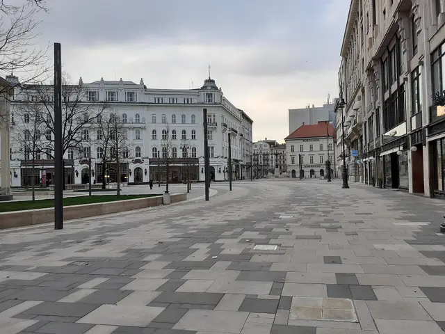The paved open space of Vörösmarty Square with historic buildings along its edge